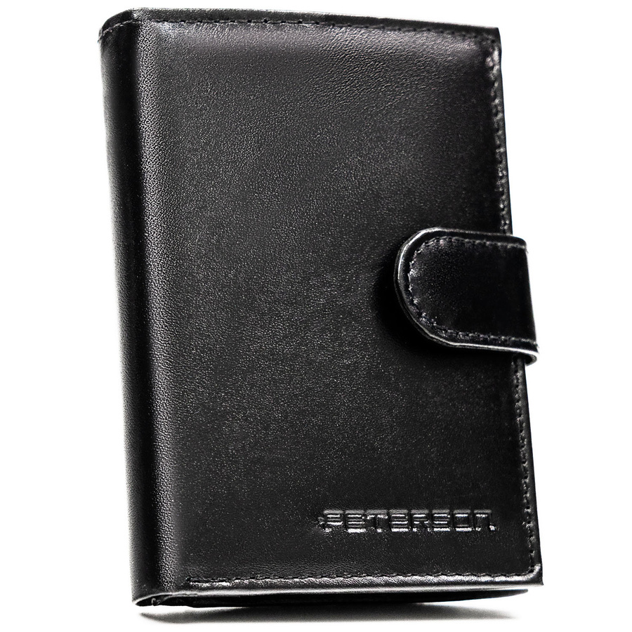 Elegancki portfel męski ze skóry naturalnej w czarnym kolorze zamykany zatrzaskiem, w zestawie z brelokiem - Peterson