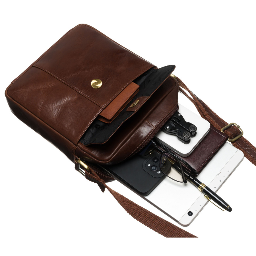 Skórzana listonoszka męska w brązowym kolorze z saszetką w zestawie - Peterson