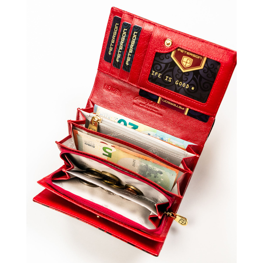 Portfel damski ze skóry ekologicznej i naturalnej w czerwonym kolorze z kieszenią zewnętrzną - Peterson