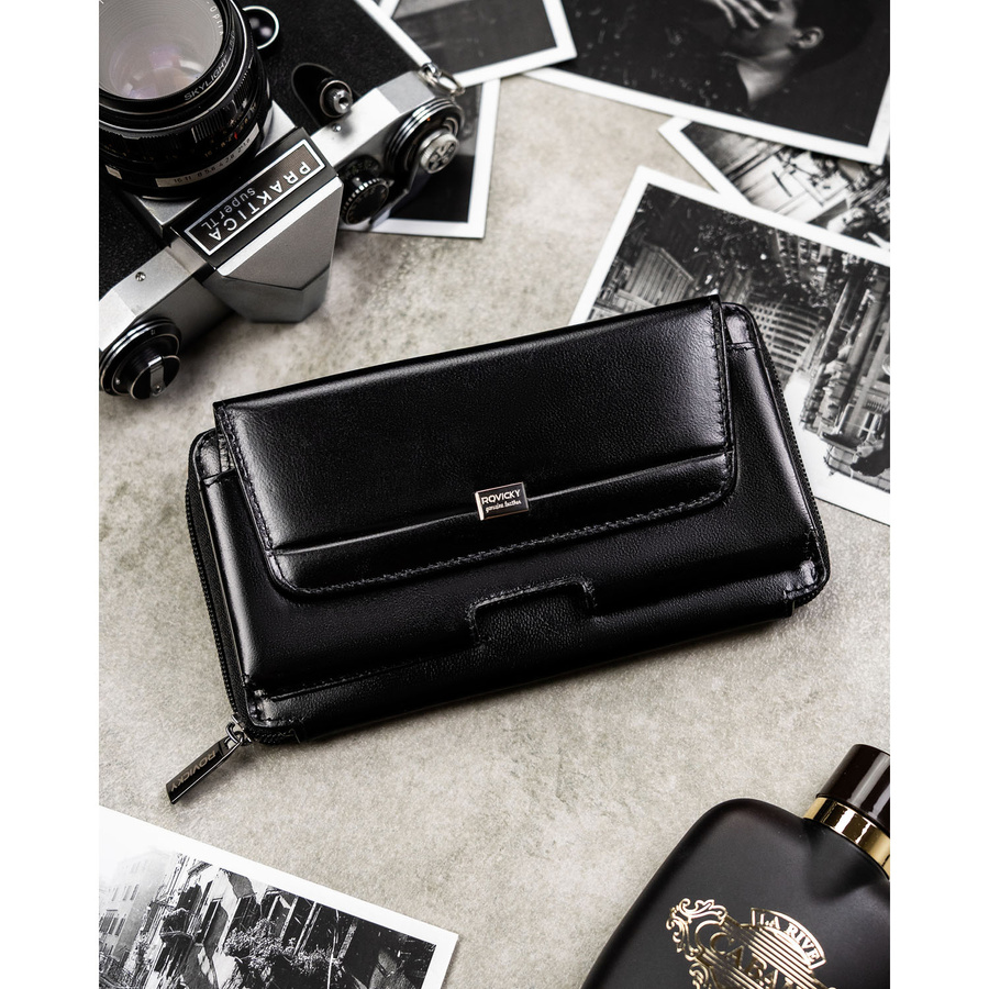 Skórzana, dwukomorowa, czarna saszetka męska z systemem RFID - Rovicky