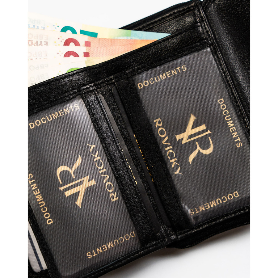 Modny, skórzany portfel damski na zatrzask w czarnym kolorze - Rovicky