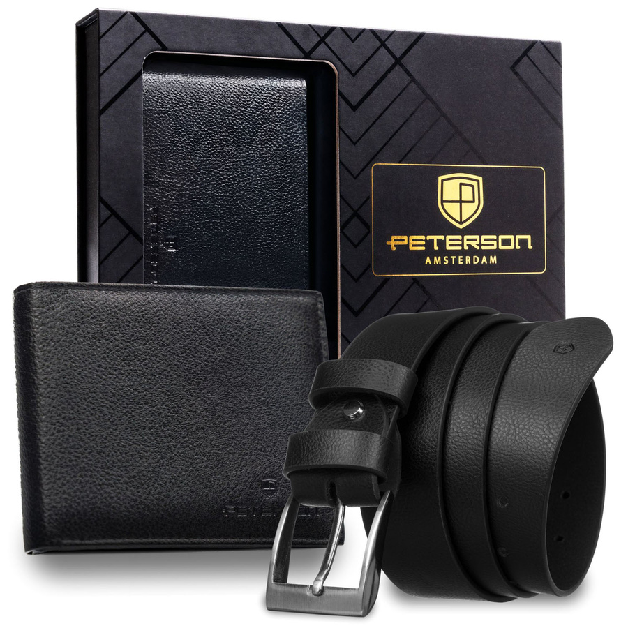 Pánsky darčekový set – kožená vodorovná peňaženka s RFID a opasok z ekologickej kože