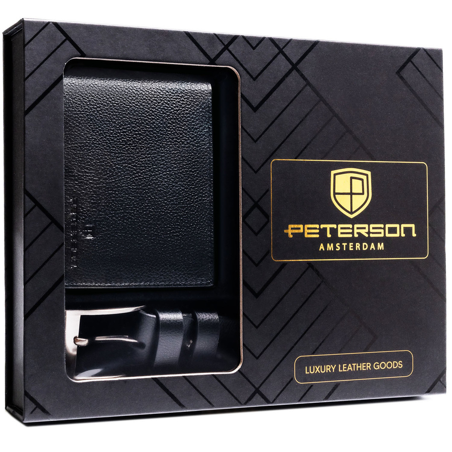 Zestaw prezentowy: skórzany, poziomy portfel męski w czarnym kolorze z systemem RFID i pasek ze skóry ekologicznej - Peterson
