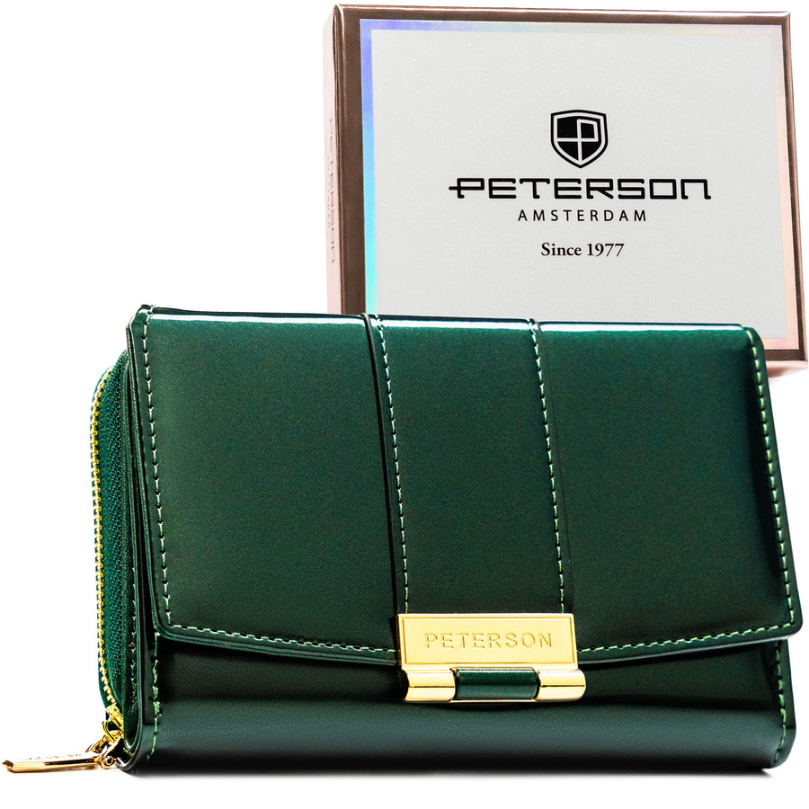 Poziomy portfel damski z lakierowanej skóry ekologicznej w zielonym kolorze, wyposażony w system RFID - Peterson