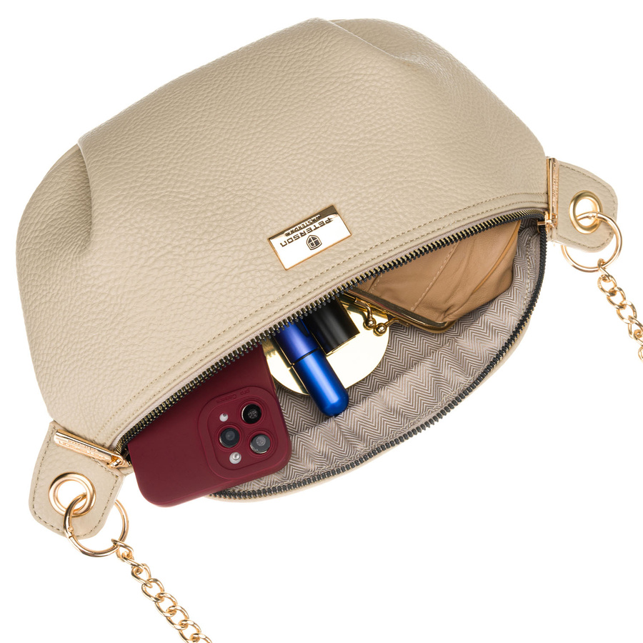 Beżowa saszetka damska ze skóry ekologicznej zamykana suwakiem, zawieszona na regulowanym pasku - Peterson