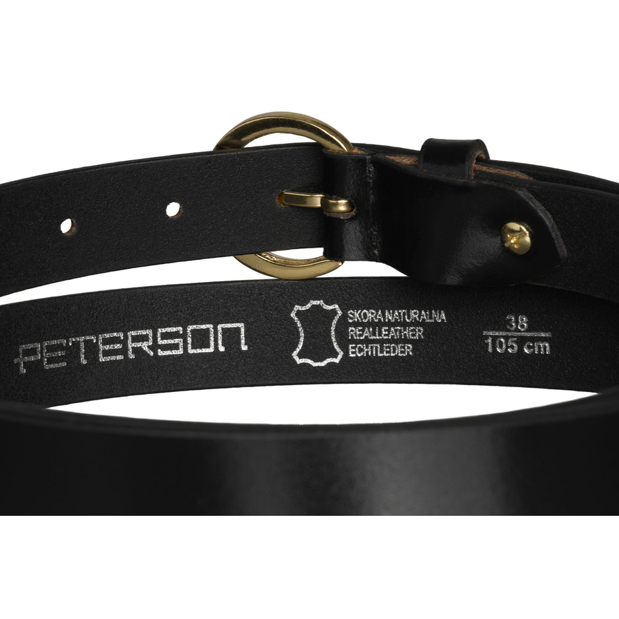 Skórzany pasek damski w czarnym kolorze ze złotą, klasyczną klamrą - Peterson