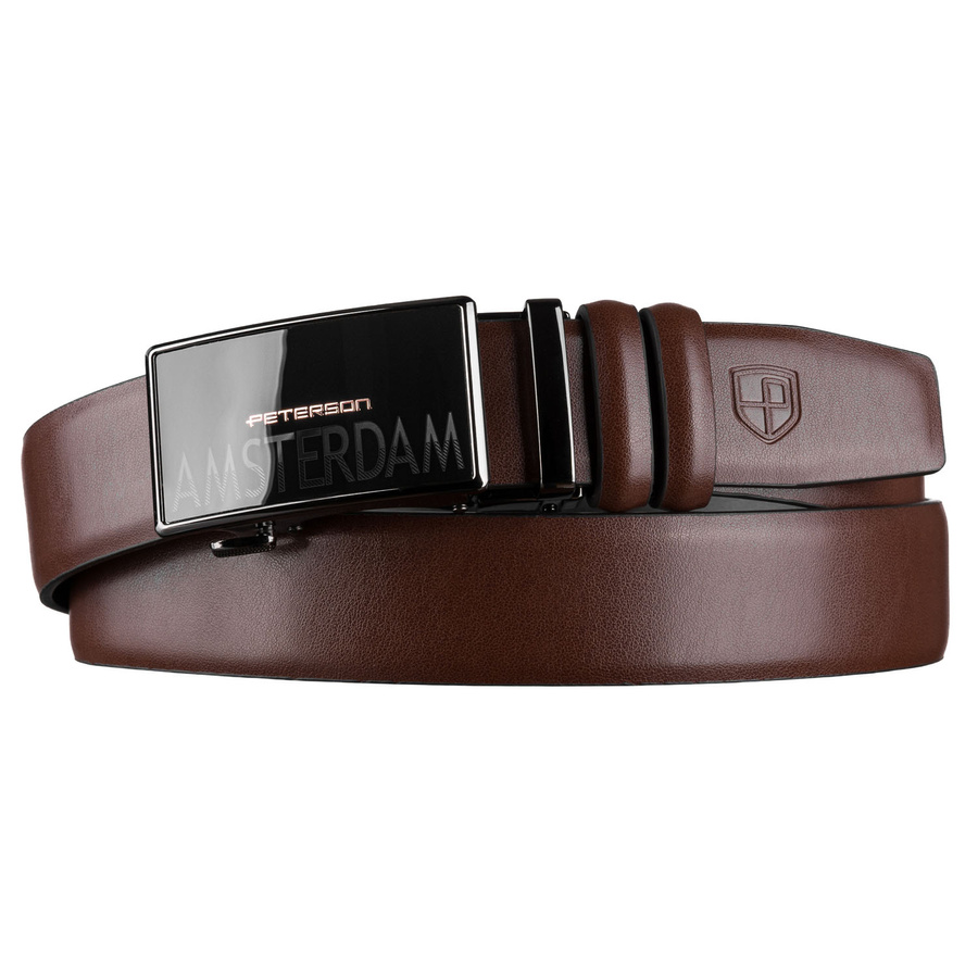 Brązowy, elegancki pasek męski ze skóry naturalnej z automatyczną klamrą - Peterson