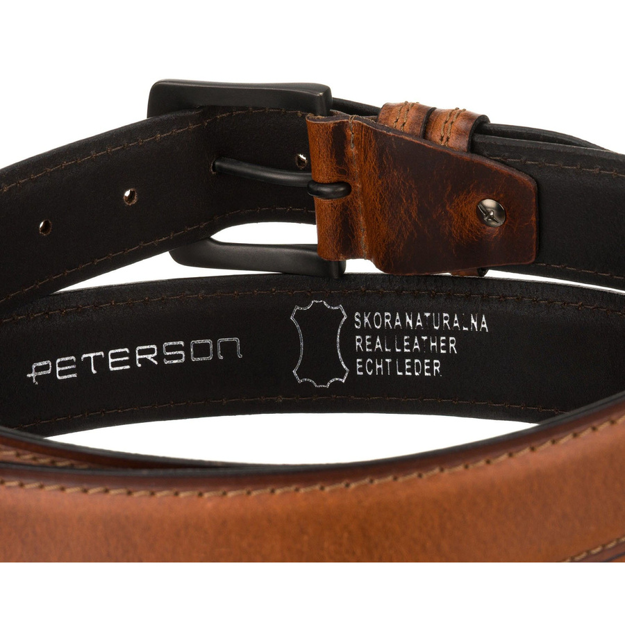 Skórzany, brązowy pasek męski z klasyczną klamrą i dwiema szlufkami - Peterson