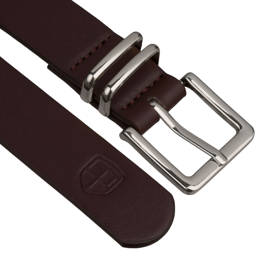 Ciemnobrązowy, wąski pasek damski ze skóry ekologicznej ze srebrną klamrą - Peterson