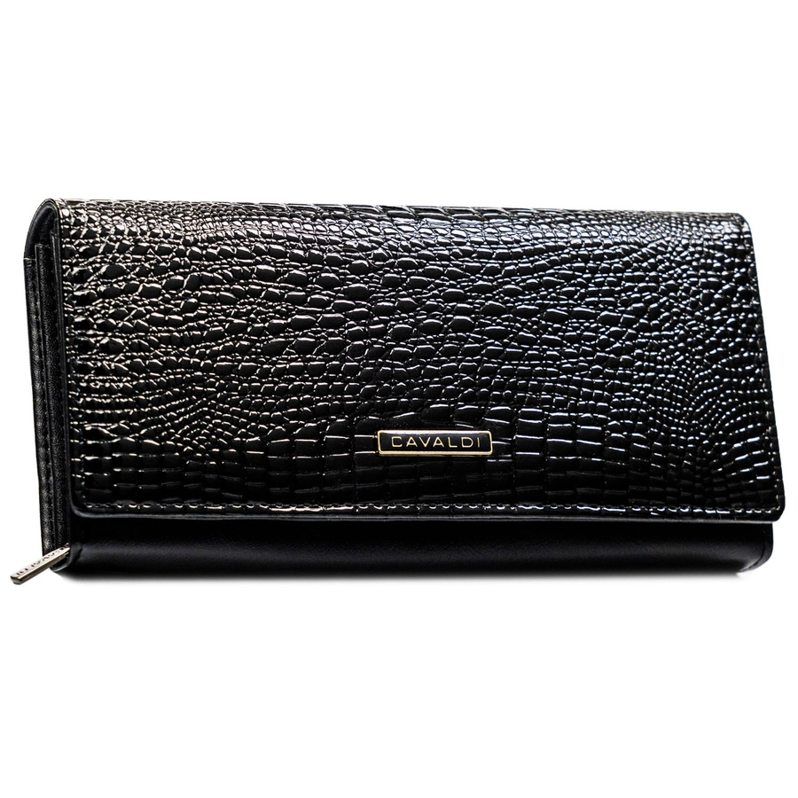 Duży, czarny portfel damski ze skóry naturalnej i ekologicznej, pokryty wzorem imitującym skórę krokodyla - 4U Cavaldi