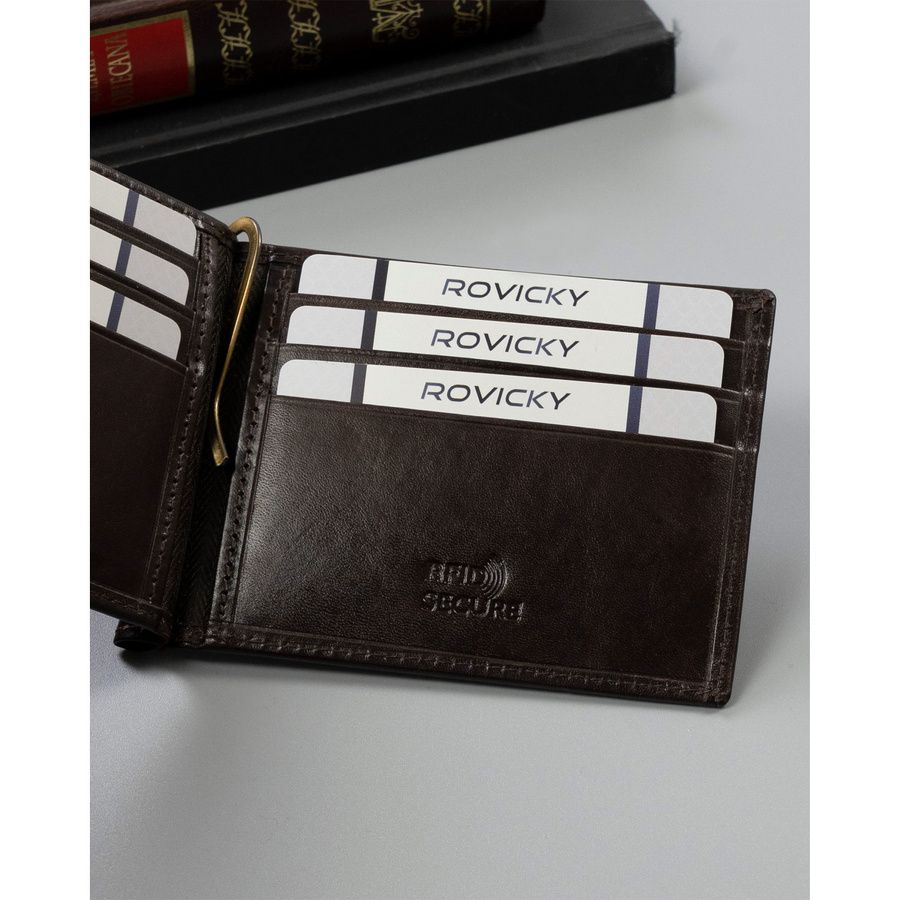 Skórzana banknotówka męska w brązowym kolorze z systemem RFID - Rovicky