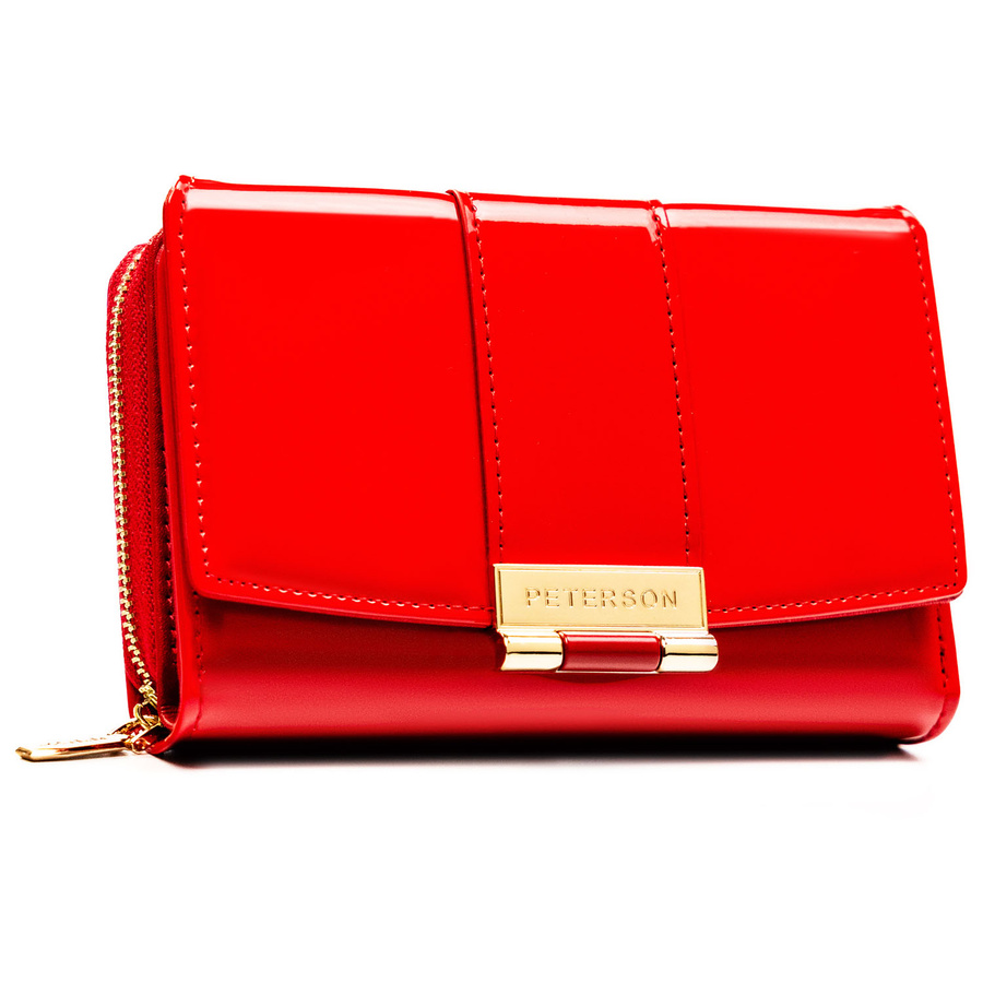 Czerwony, poziomy portfel damski wykonany z lakierowanej skóry ekologicznej - Peterson