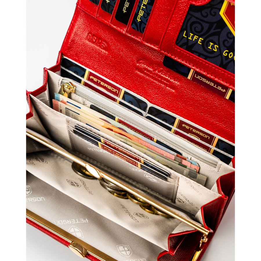 Czerwony portfel damski ze skóry naturalnej i ekologicznej zamykany zatrzaskiem - Peterson