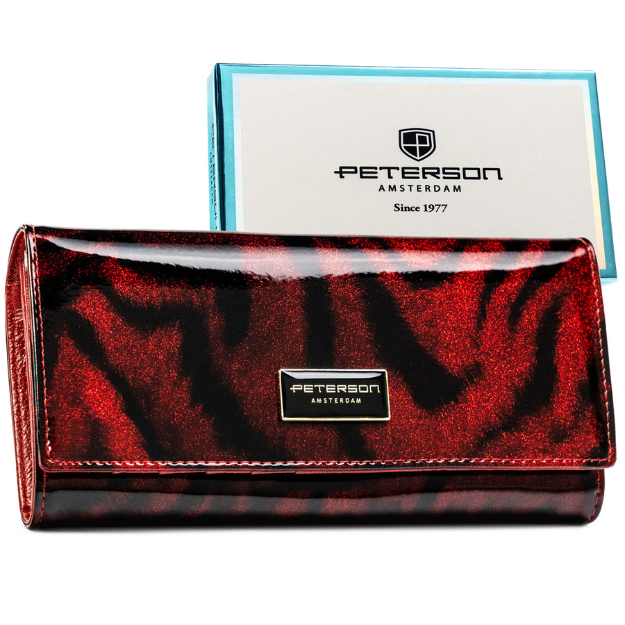 Lakierowany, czerwony portfel damski ze skóry naturalnej i ekologicznej w zwierzęcy wzór - Peterson